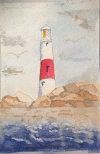 Kath, seascape and lighthouse, watercolour.